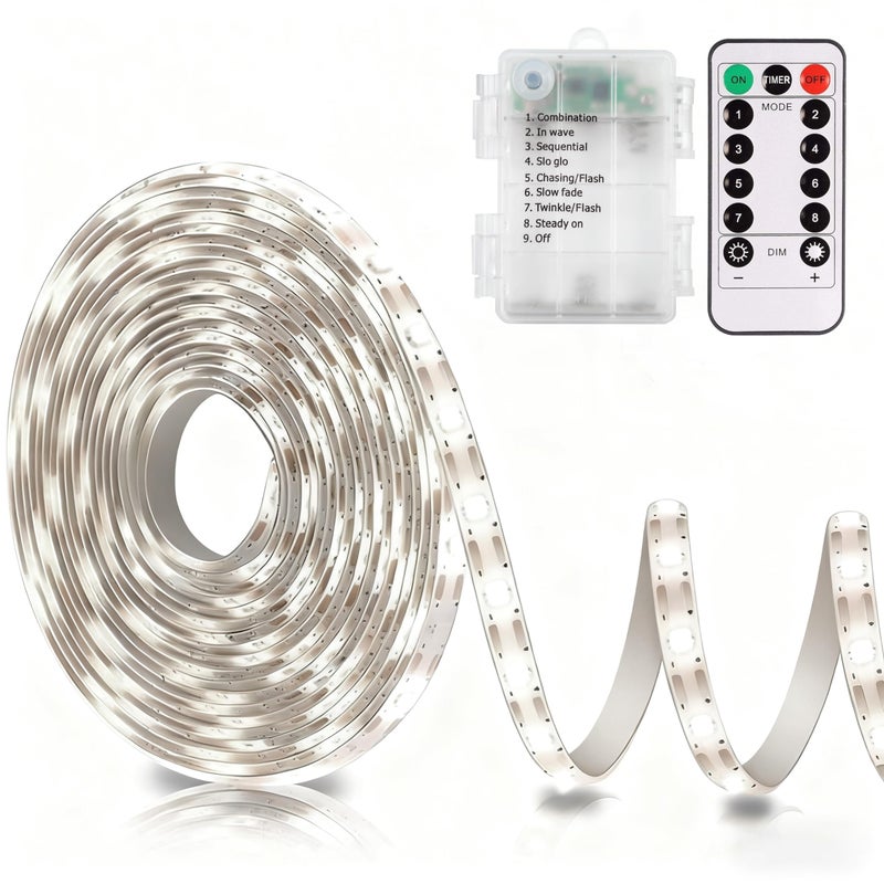 echosari Battery Operated Led Strip Lights White with Remote, 8 Modes, Dimmable, Timer, Self-Adhesive, Cuttable, for PC TV Kitchen Cabinet Shelves Bedroom Decor (3m 90LED) - Image 1